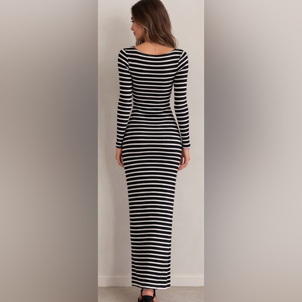 Bebe Black White Striped Maxi Bodycon women’s Dress XXS Made USA(A478)✨